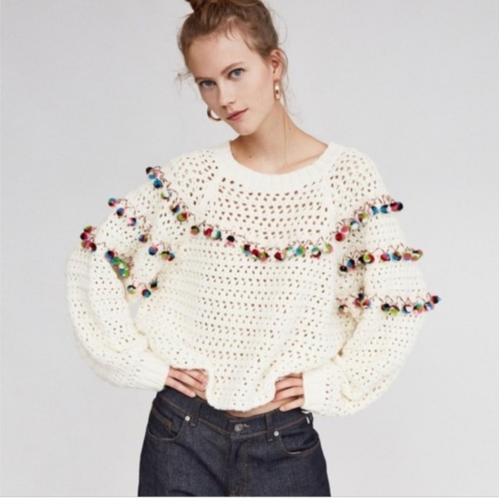 ZARA KNIT PomPom Sweater Ecru Bloggers Favourite size S